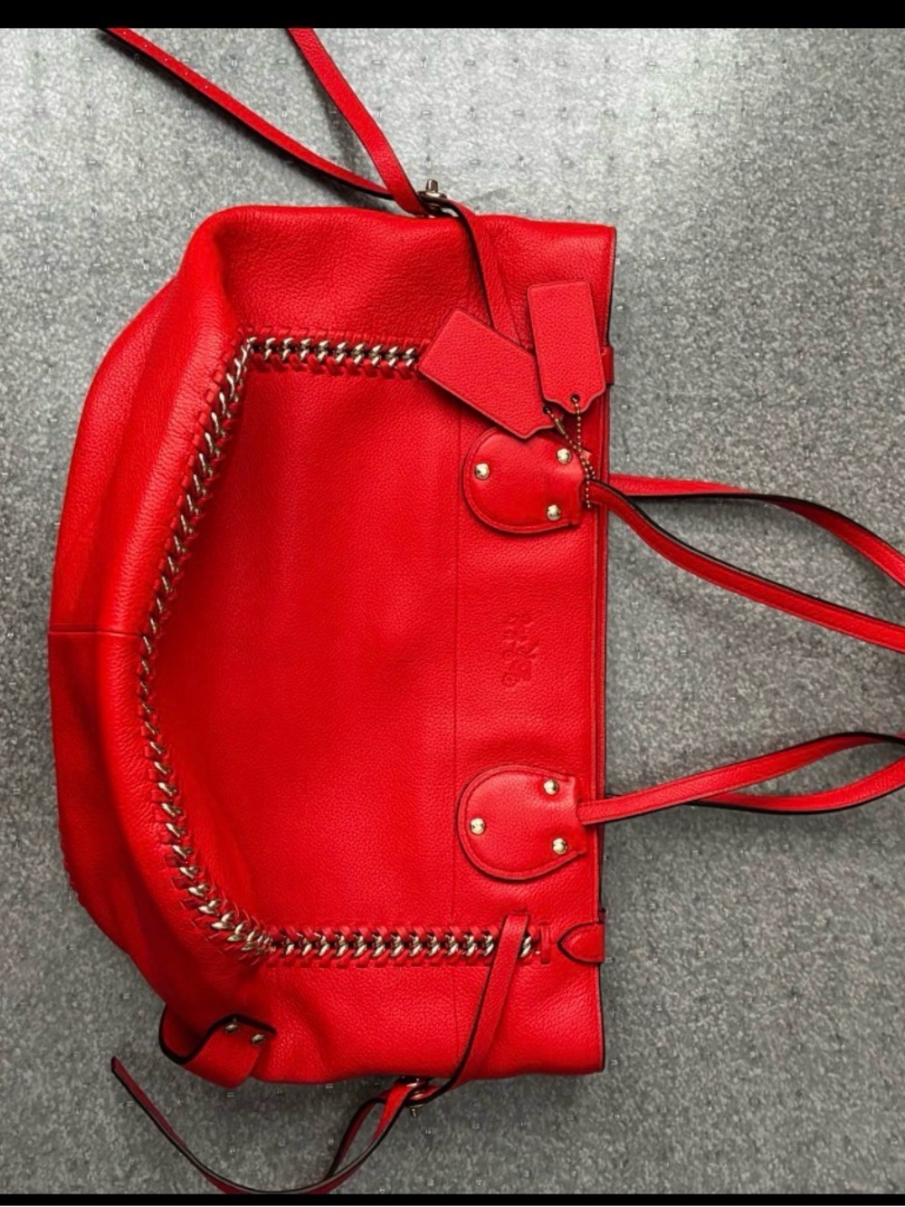 Coach Red Leather Shoulder Tote with Chain-Trim Detailing